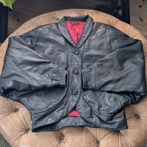 VTG 1970s Vera Pelle Women Black Leather Bomber Jacket Made In Italy Sz 44 US XL